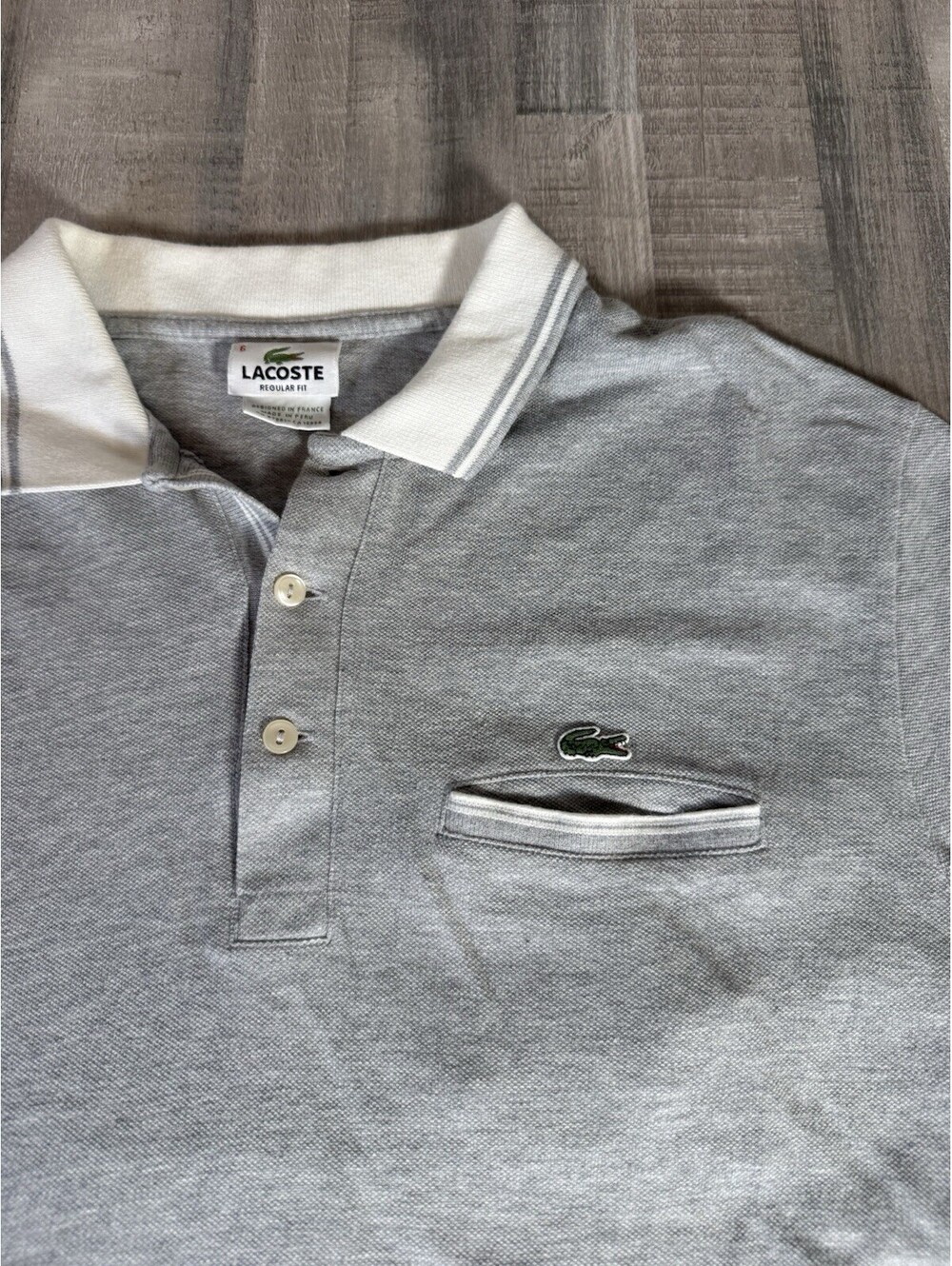 Lacoste Polo Shirt Mens Large Size 6 Gray White Contrast Trim Croc Pique Cotton